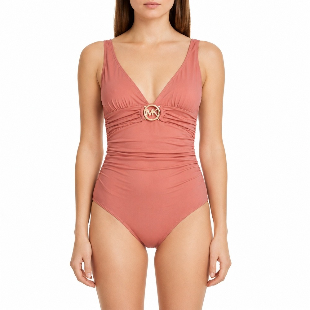 Michael Kors One Piece Swimsuit Women 6 Pink Ruched Gold MK Logo MM9H458